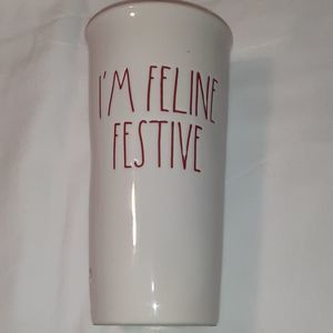 Rae Dunn Ceramic Travel Mug Tumbler Feline‎ Festive